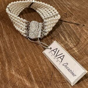Nadri White Multi-Strand Faux Pearl Bracelet with Crystal Clasp